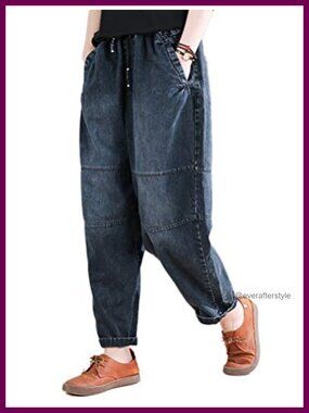 Women's Baggy Harem Jeans Cotton High Rise Wide Leg Drawstring Pants